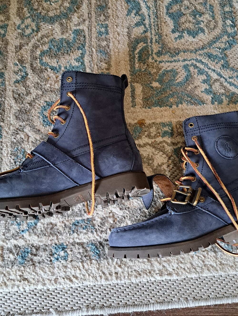 Polo by Ralph Lauren Navy Suede Lace-Up Lug Boots with Tan Laces